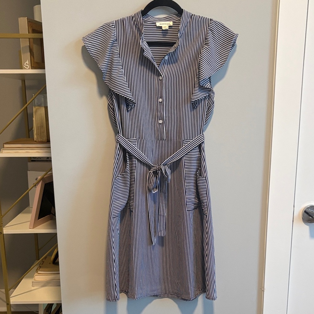 Monteau Navy and White Striped Midi Dress with Tie Waist